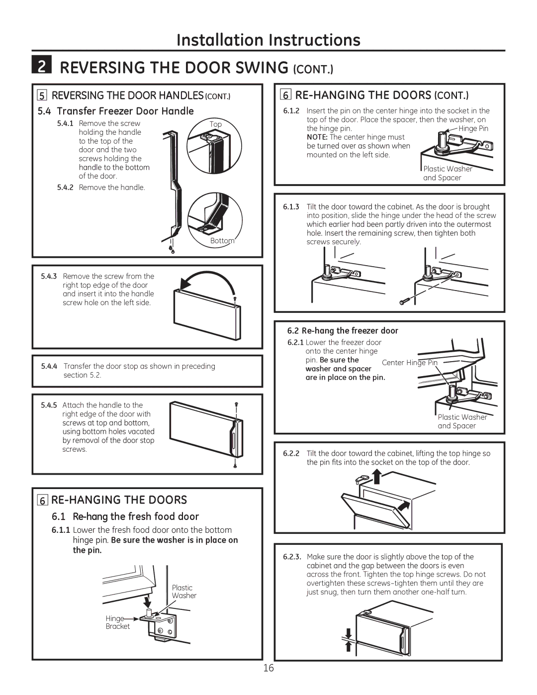 GE 17, 16 RE-HANGING the Doors, Transfer Freezer Door Handle, Re-hang the fresh food door, Pin, Re-hang the freezer door 