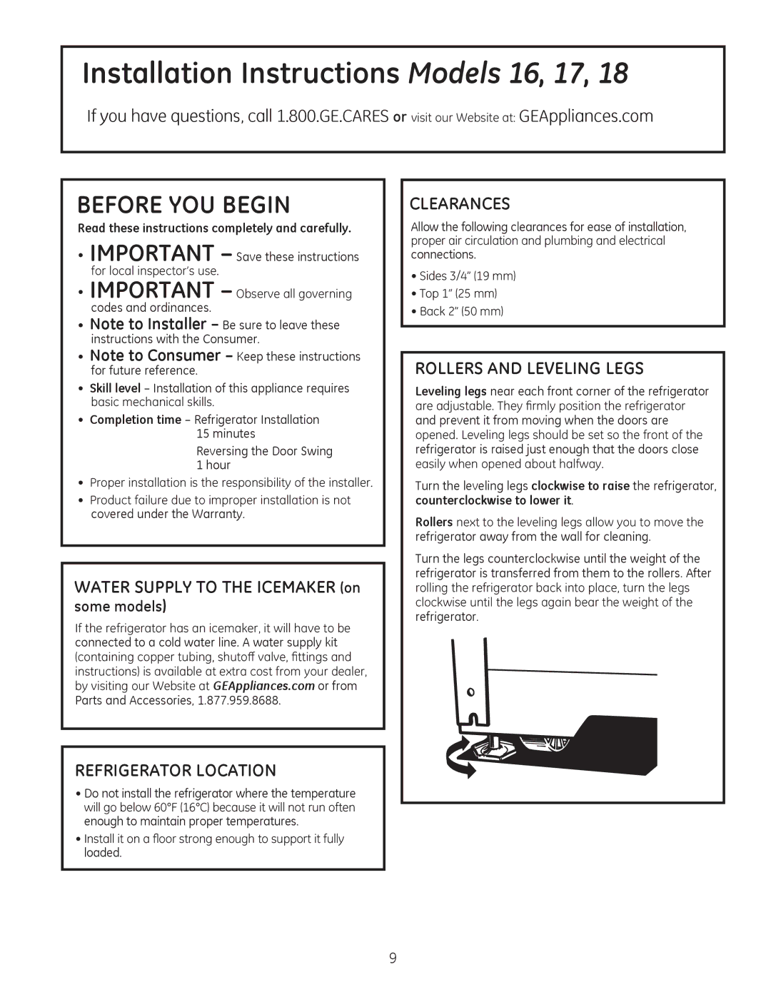 GE 16, 17 installation instructions Before YOU Begin, Refrigerator Location, Clearances, Rollers and Leveling Legs 