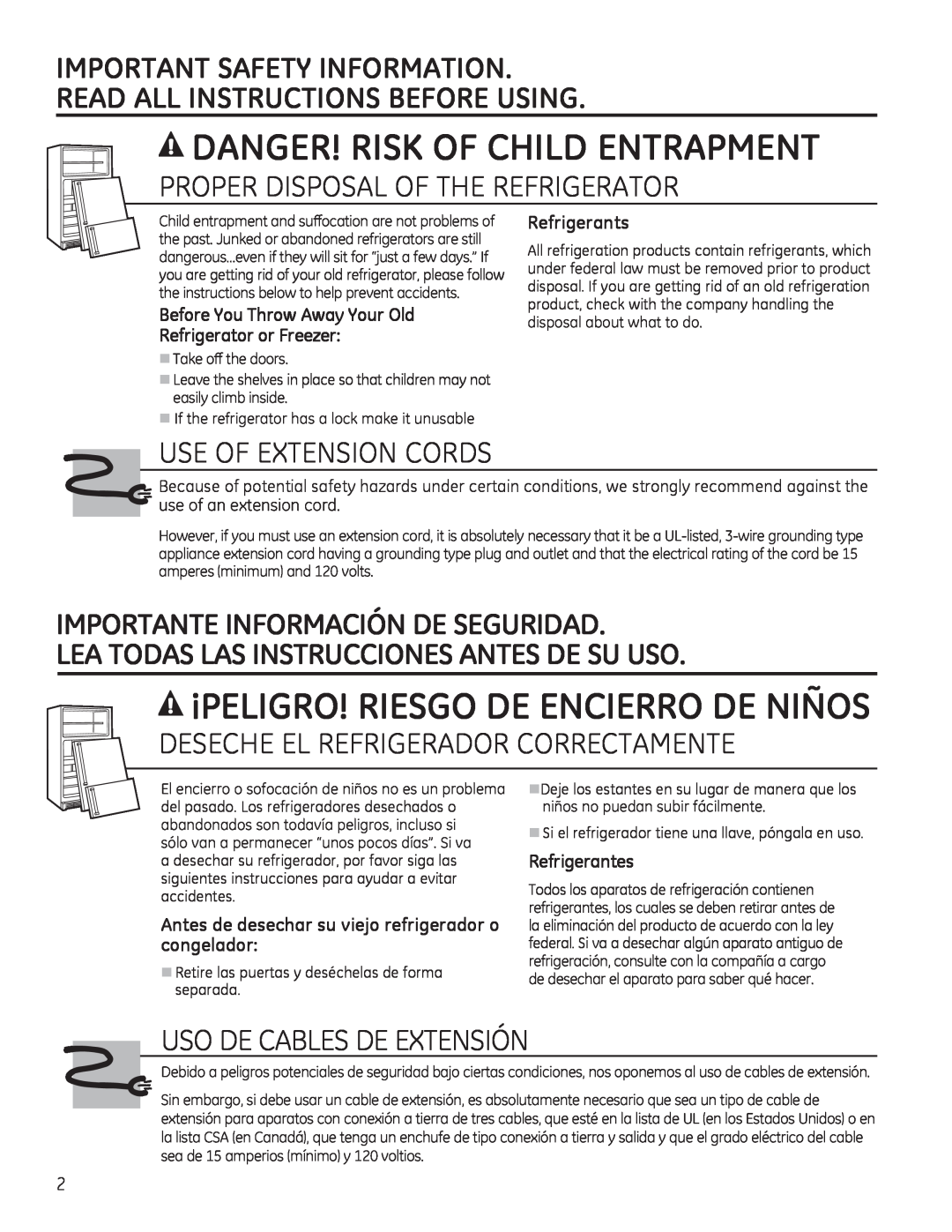 GE 17 Danger! Risk Of Child Entrapment, ¡Peligro! Riesgo De Encierro De Niños, Important Safety Information, Refrigerants 