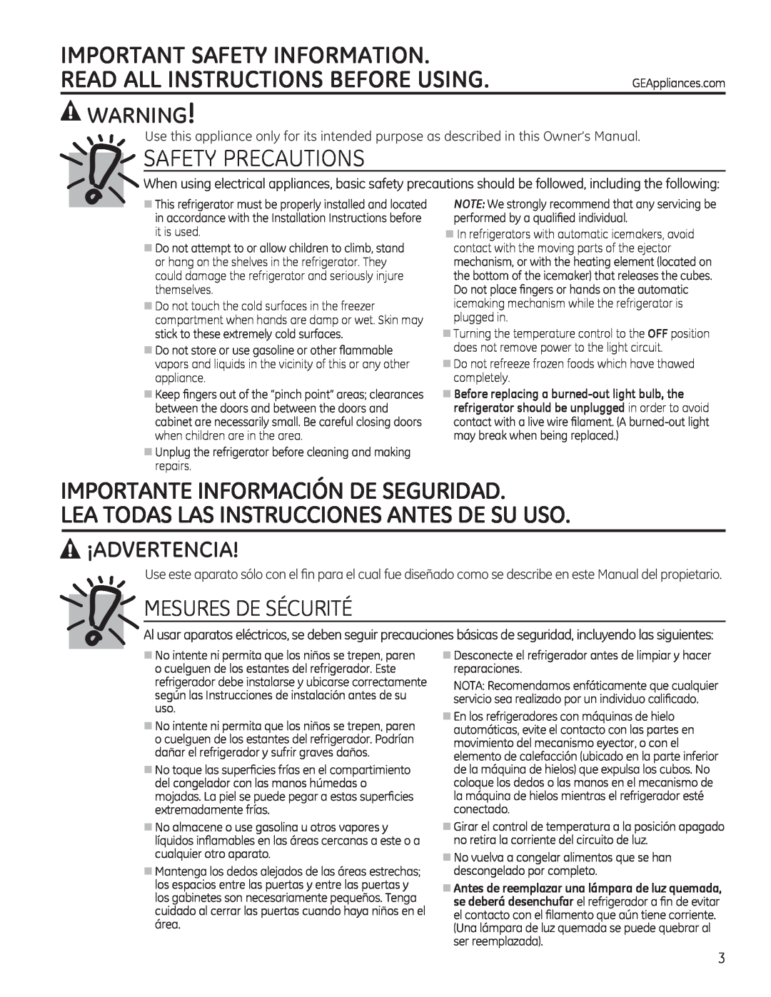 GE 16, 17 installation instructions Safety Precautions, ¡Advertencia, Mesures De Sécurité, Important Safety Information 