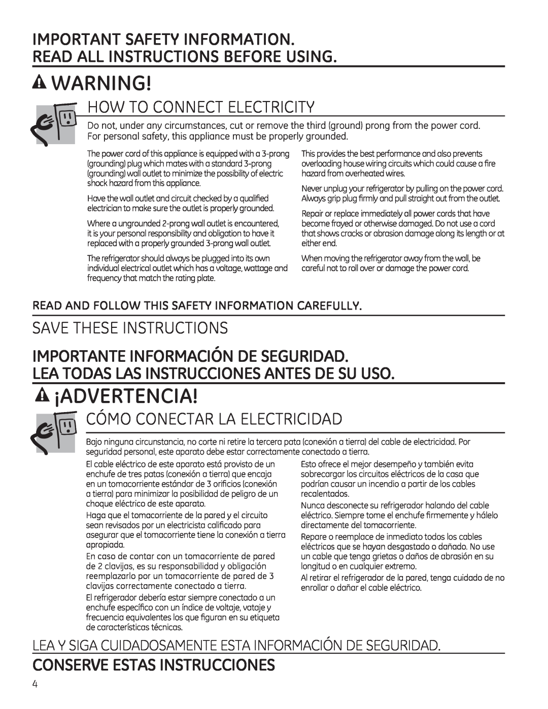 GE 17, 16 ¡Advertencia, How To Connect Electricity, Save These Instructions, Cómo Conectar La Electricidad 