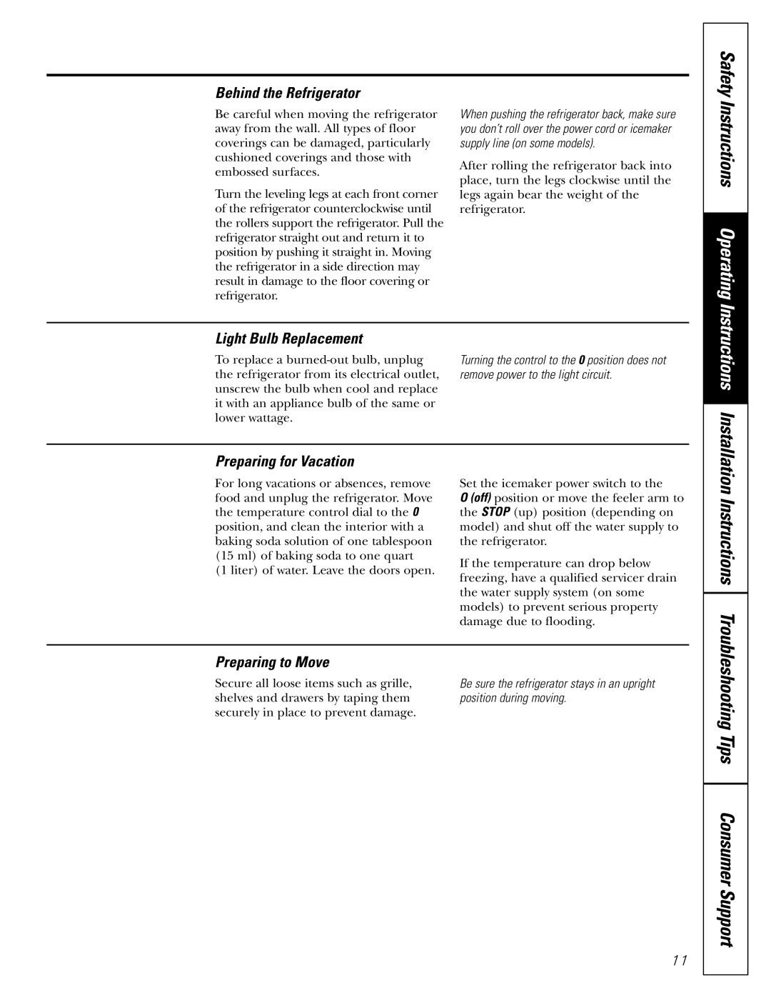 GE 17 Safety Instructions Operating, Behind the Refrigerator, Light Bulb Replacement, Preparing for Vacation 