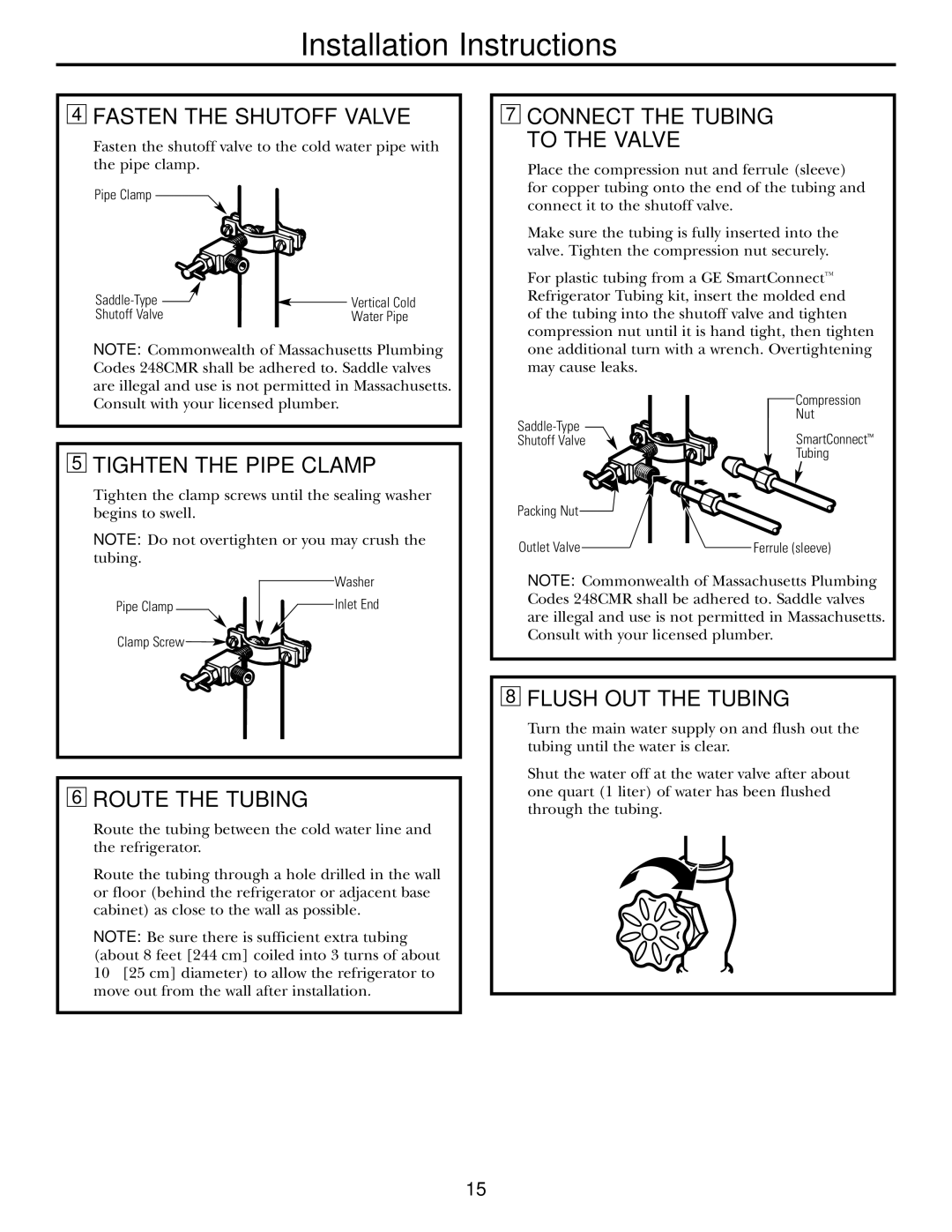 GE 17 operating instructions Fasten the Shutoff Valve, Tighten the Pipe Clamp, Route the Tubing, Flush OUT the Tubing 