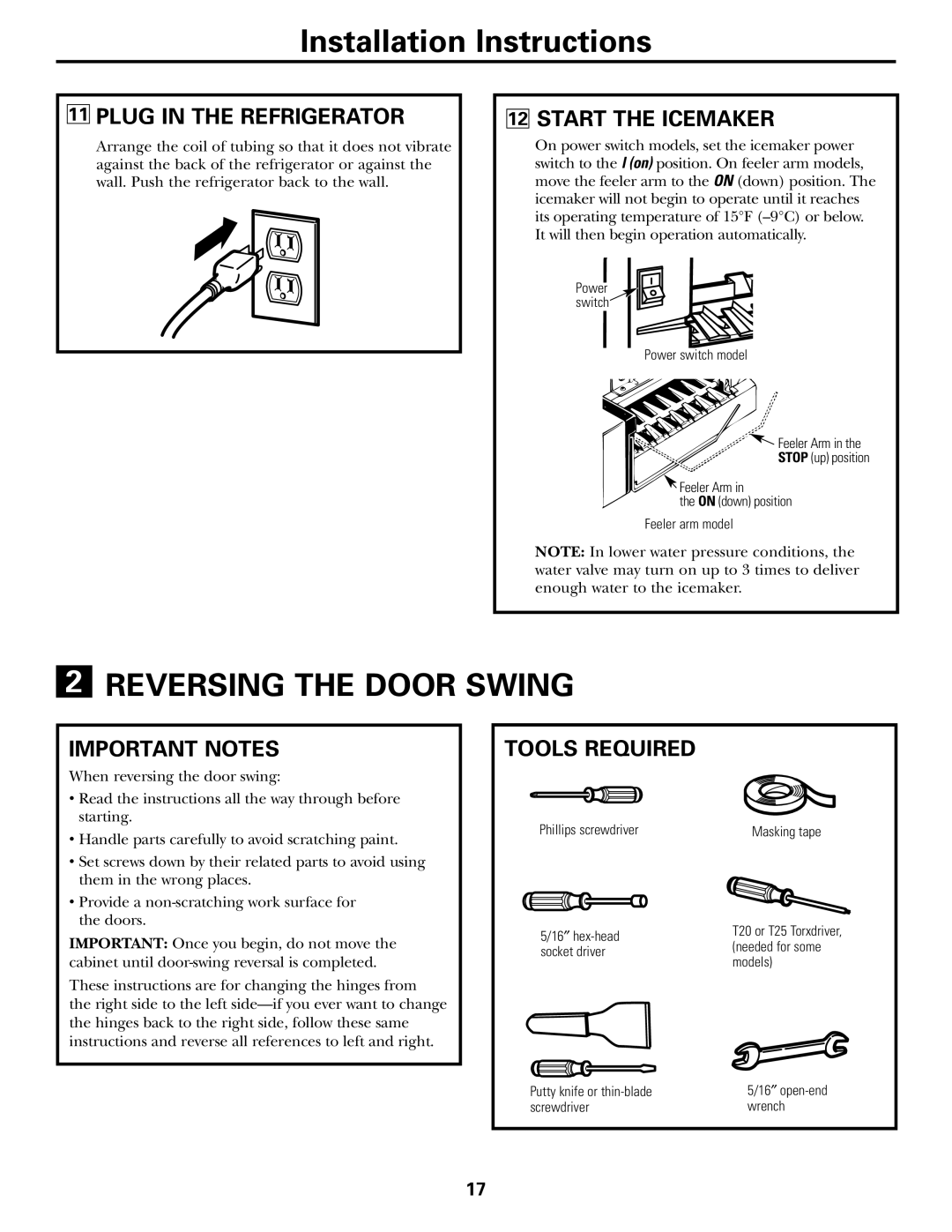 GE 17 Reversing the Door Swing, Plug in the Refrigerator, Start the Icemaker, Important Notes, Tools Required 