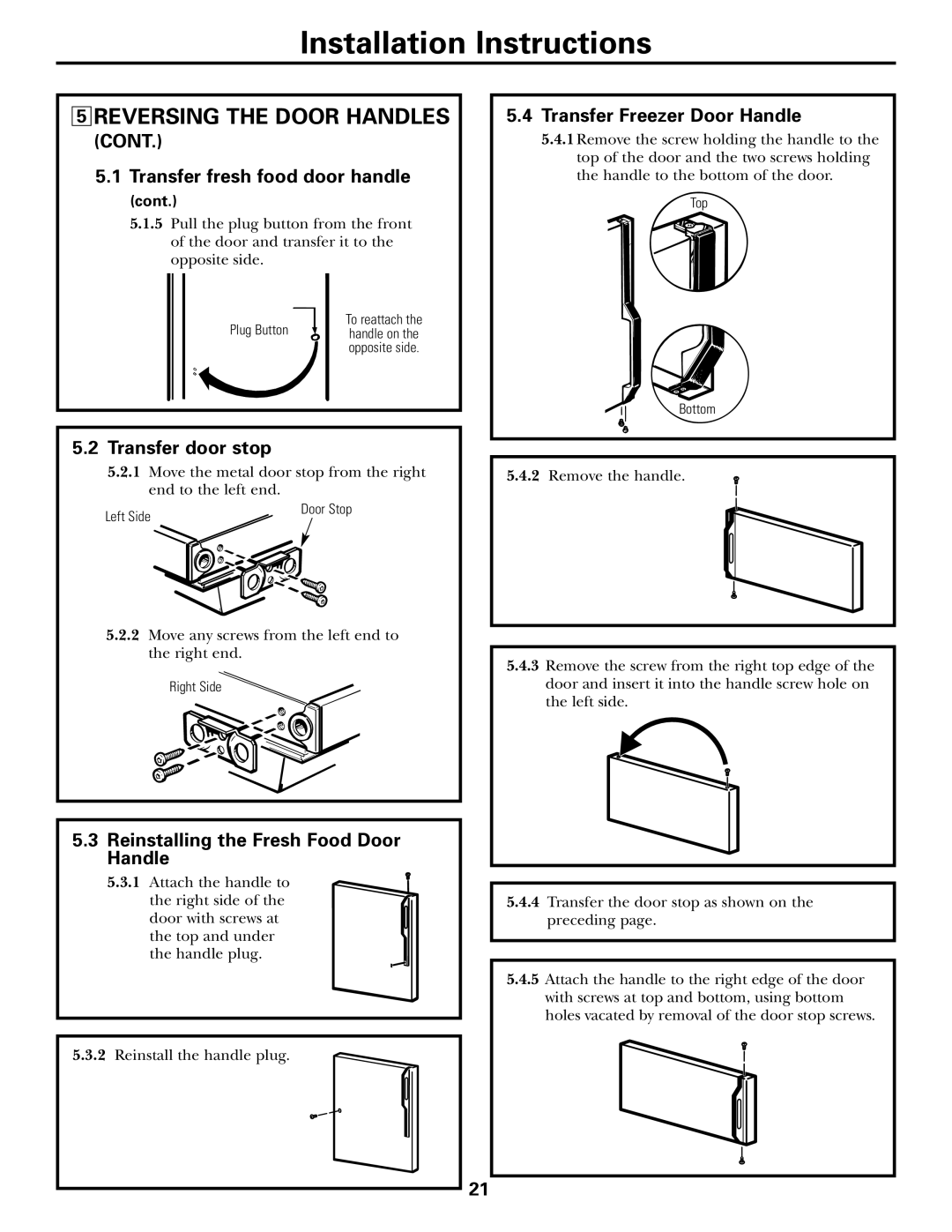 GE 17 operating instructions Transfer Freezer Door Handle, Transfer door stop, Reinstalling the Fresh Food Door Handle 