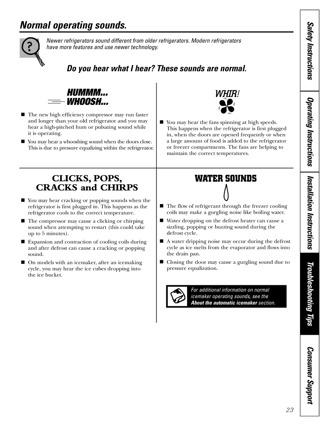 GE 17 operating instructions Normal operating sounds, Hummm 