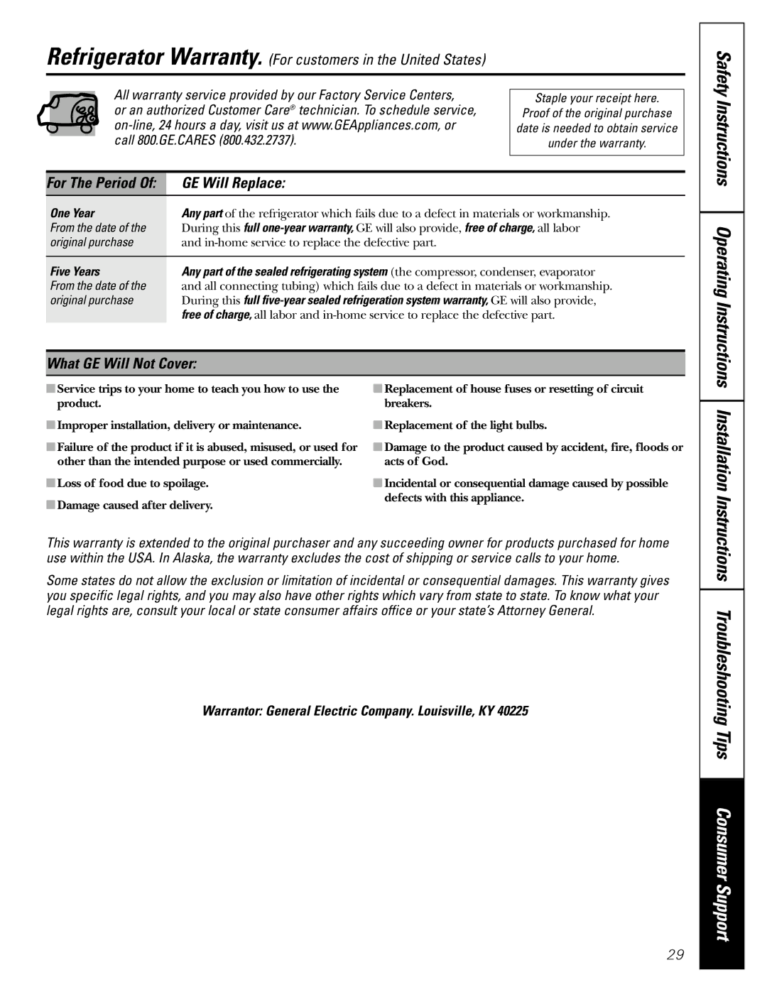 GE 17 operating instructions Installation, GE Will Replace, What GE Will Not Cover, One Year 