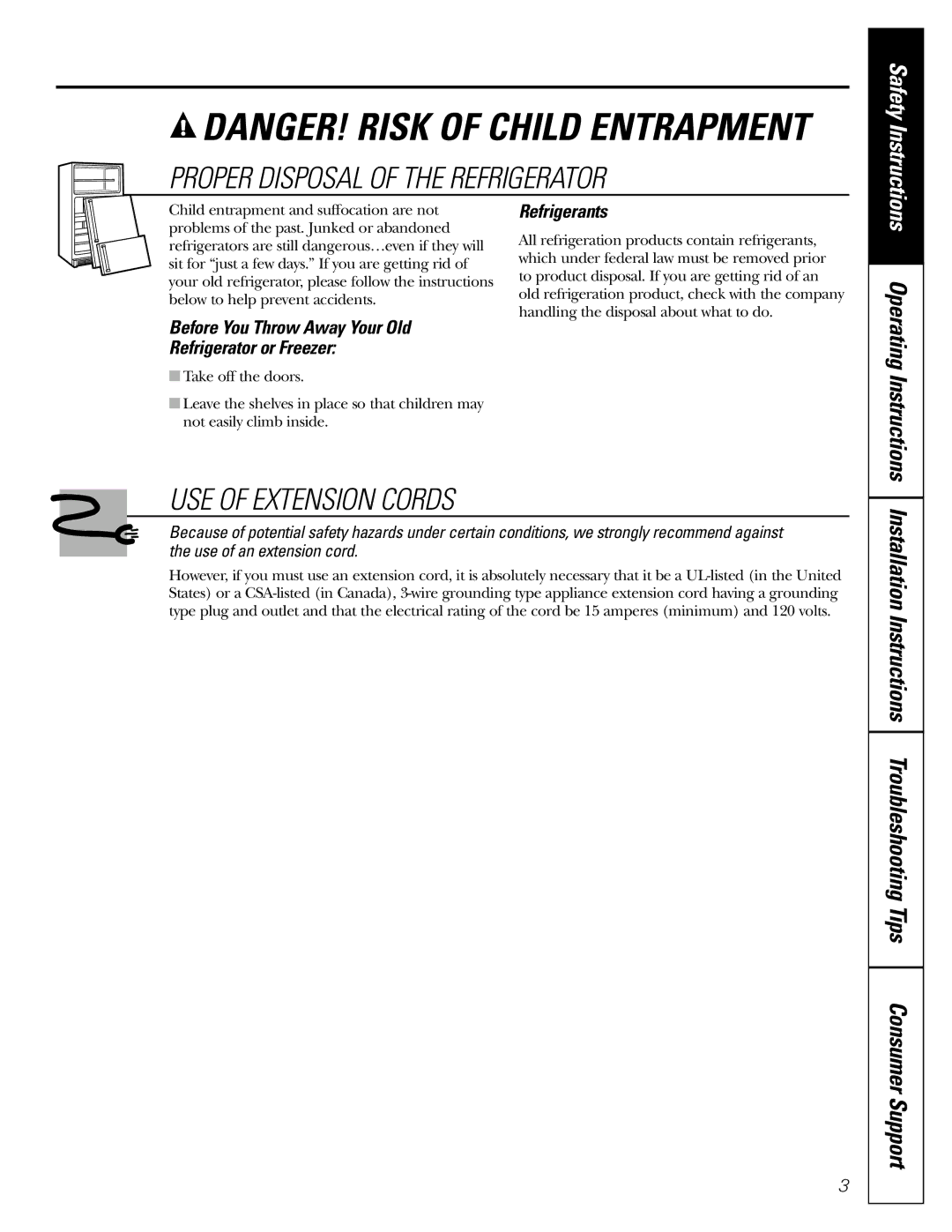 GE 17 Proper Disposal of the Refrigerator, USE of Extension Cords, Before You Throw Away Your Old Refrigerator or Freezer 