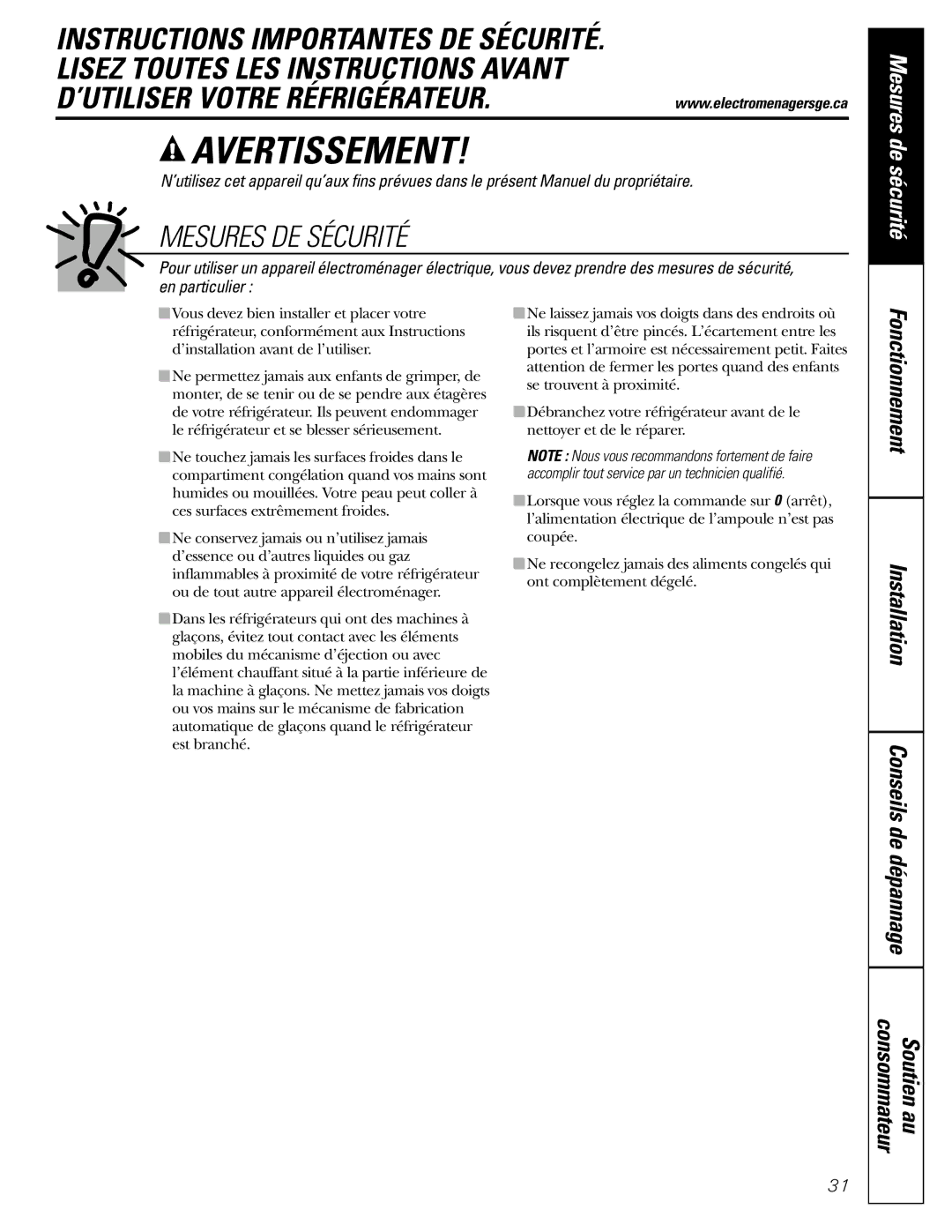 GE 17 operating instructions Mesures DE Sécurité, Fonctionnement Installation Conseils de dépannage 