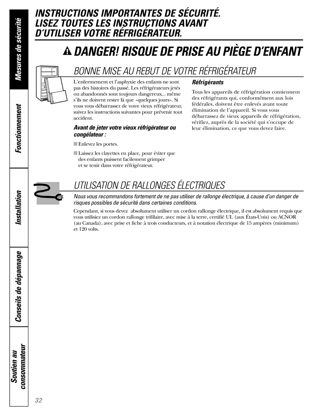 GE 17 Utilisation DE Rallonges Électriques, Installation Conseils de dépannage Soutien au Consommateur, Réfrigérants 