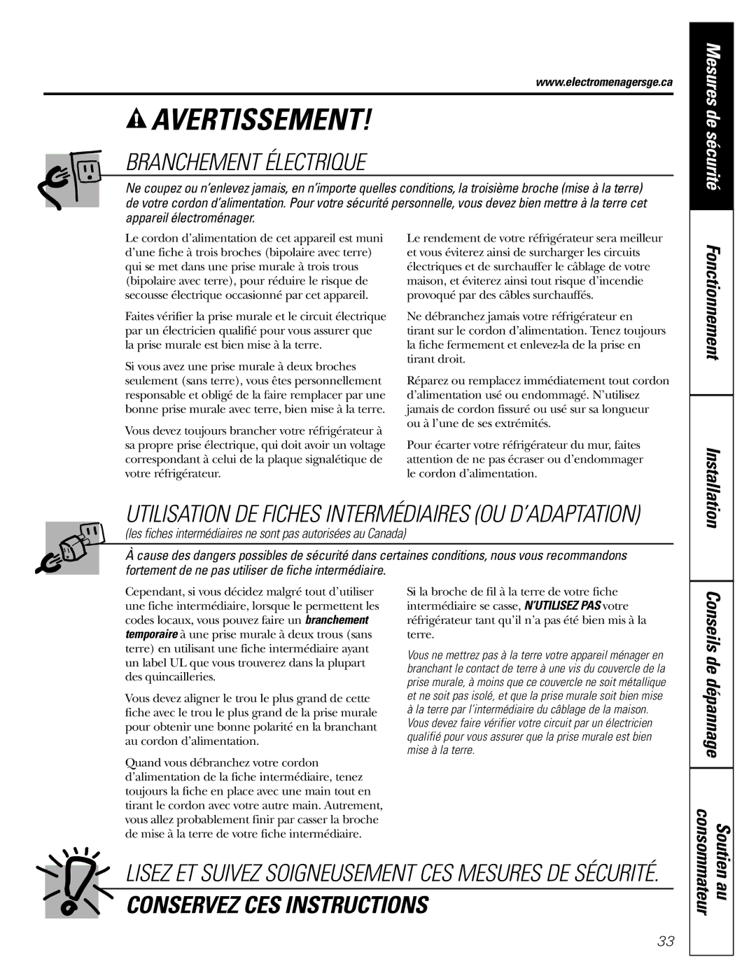 GE 17 operating instructions Branchement Électrique, Utilisation DE Fiches Intermédiaires OU D’ADAPTATION 