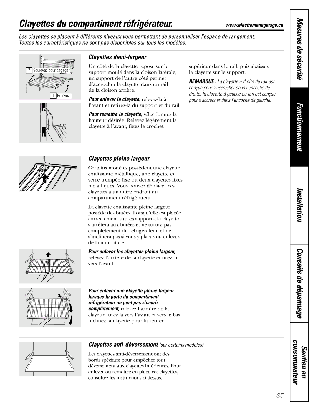 GE 17 Clayettes du compartiment réfrigérateur, Sécurité, Installation Conseils de dépannage Consommateur Soutien au 