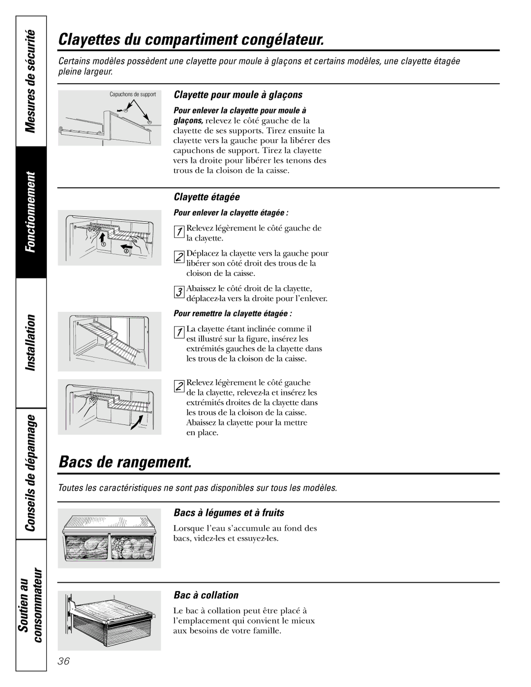 GE 17 operating instructions Clayettes du compartiment congélateur, Bacs de rangement 