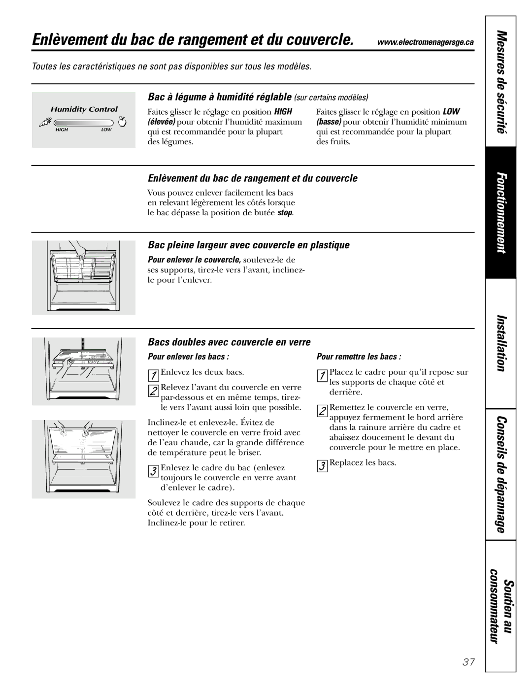 GE 17 operating instructions Installation Conseils de dépannage, Bac à légume à humidité réglable sur certains modèles 