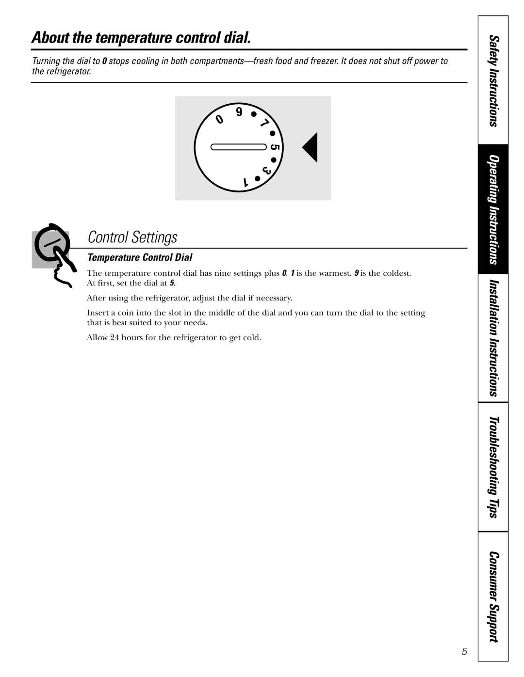 GE 17 operating instructions About the temperature control dial, Temperature Control Dial 