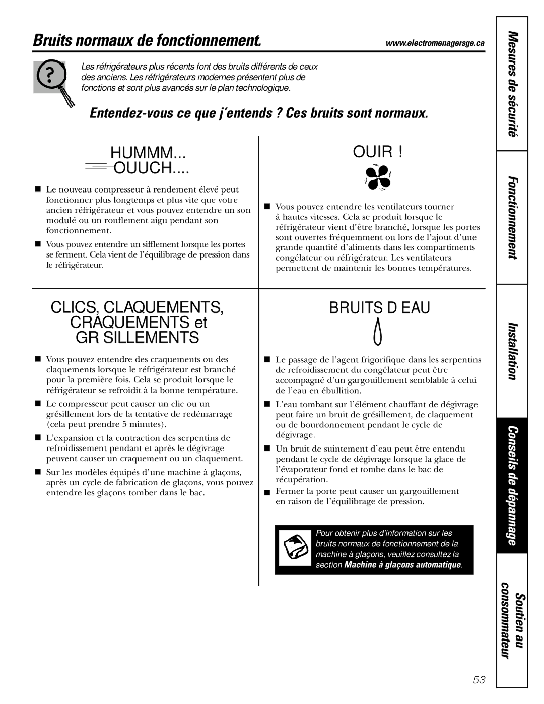 GE 17 operating instructions Bruits normaux de fonctionnement, Consommateur Soutien au 