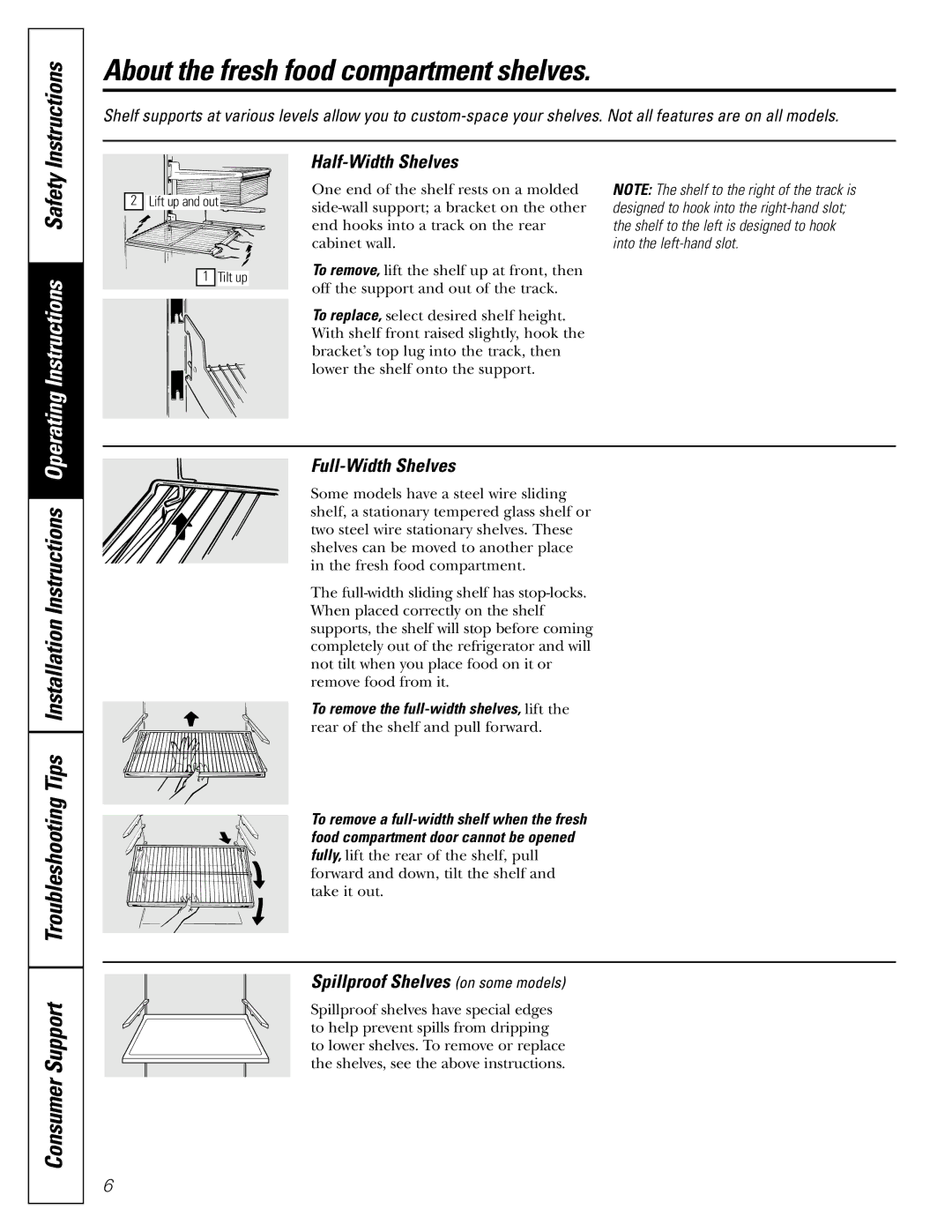 GE 17 operating instructions About the fresh food compartment shelves, Instructions, Half-Width Shelves, Full-Width Shelves 