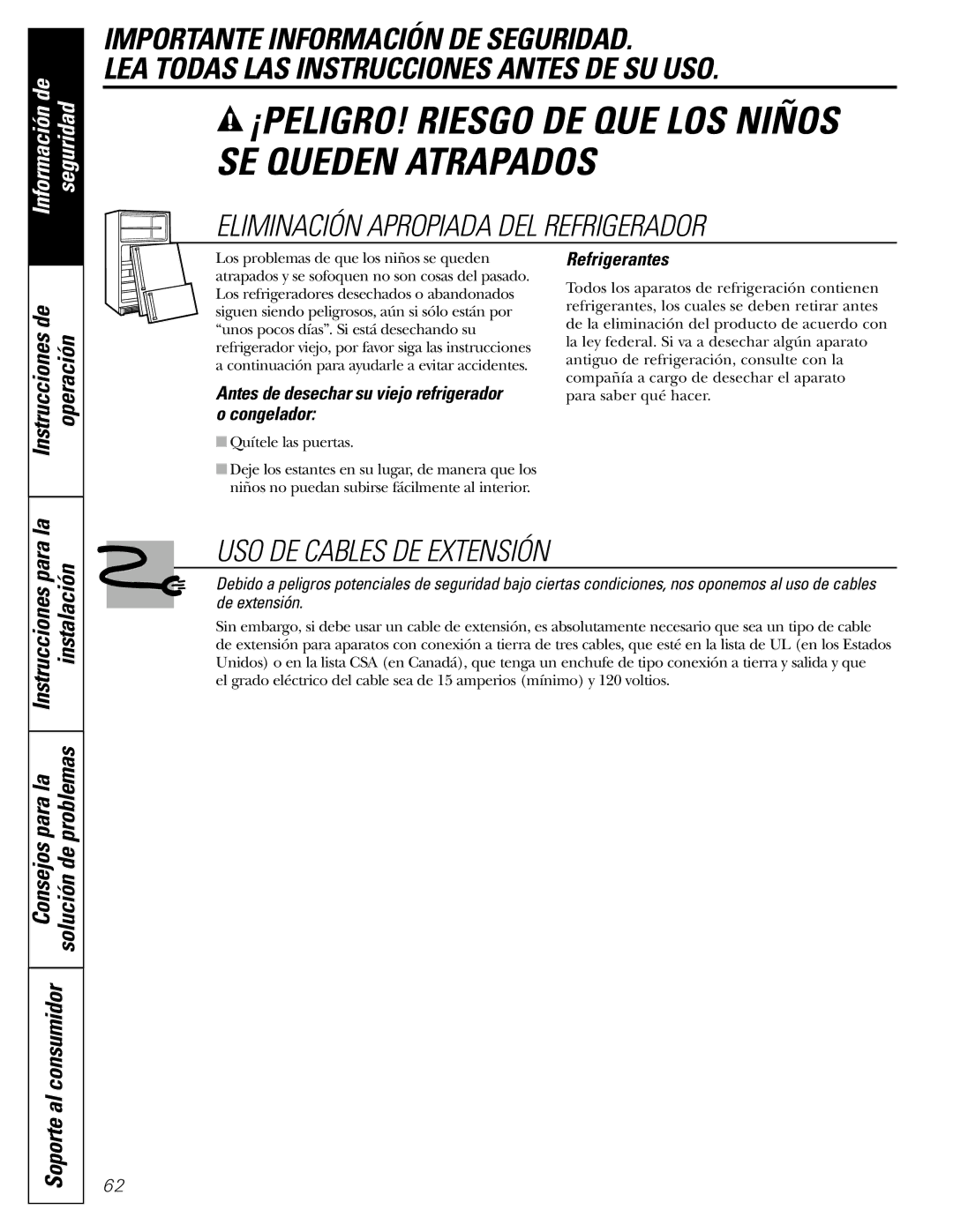 GE 17 Eliminación Apropiada DEL Refrigerador, USO DE Cables DE Extensión, Instrucciones de Operación, Refrigerantes 