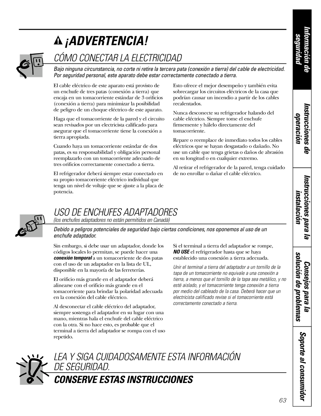 GE 17 Cómo Conectar LA Electricidad, USO DE Enchufes Adaptadores, LEA Y Siga Cuidadosamente Esta Información DE Seguridad 