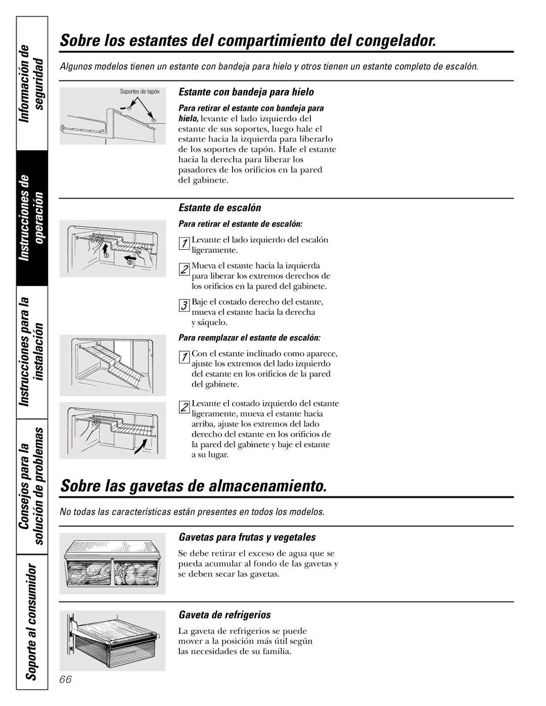 GE 17 operating instructions Sobre los estantes del compartimiento del congelador, Sobre las gavetas de almacenamiento 