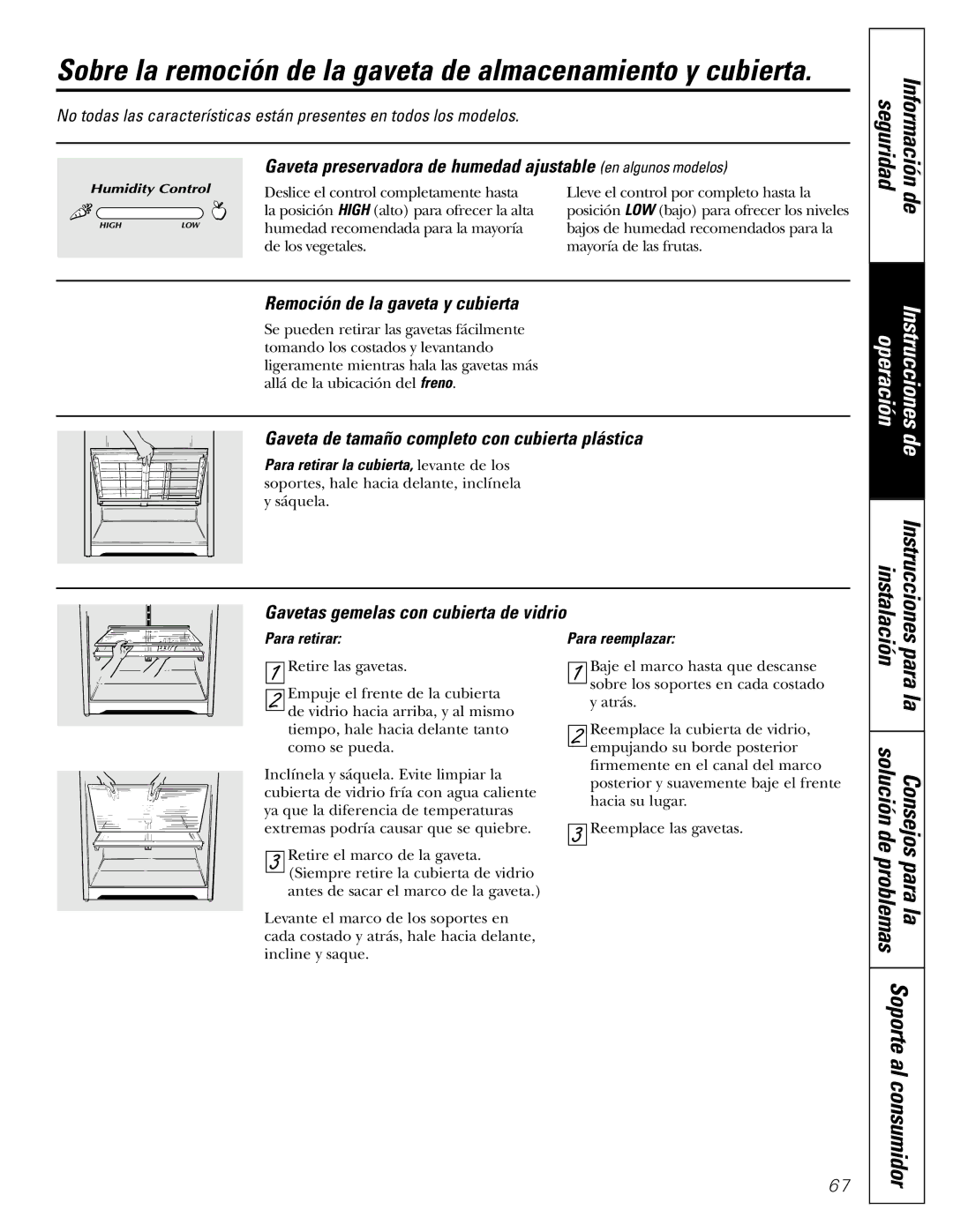 GE 17 operating instructions Gaveta preservadora de humedad ajustable en algunos modelos, Remoción de la gaveta y cubierta 