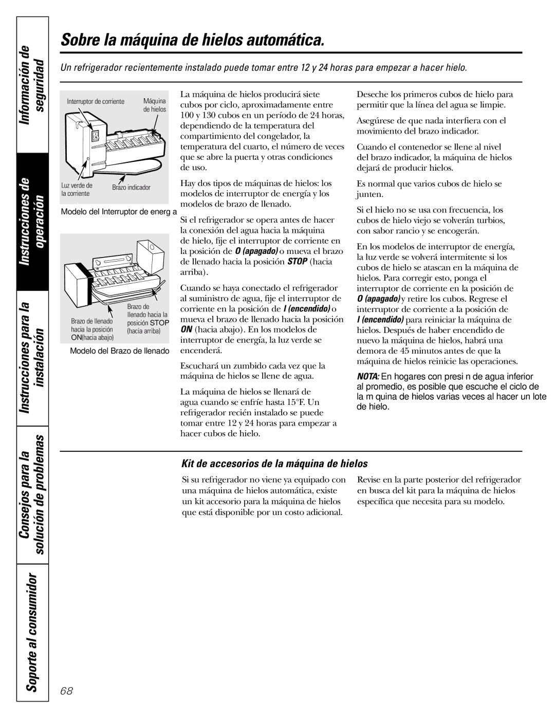 GE 17 operating instructions Sobre la máquina de hielos automática, Kit de accesorios de la máquina de hielos 