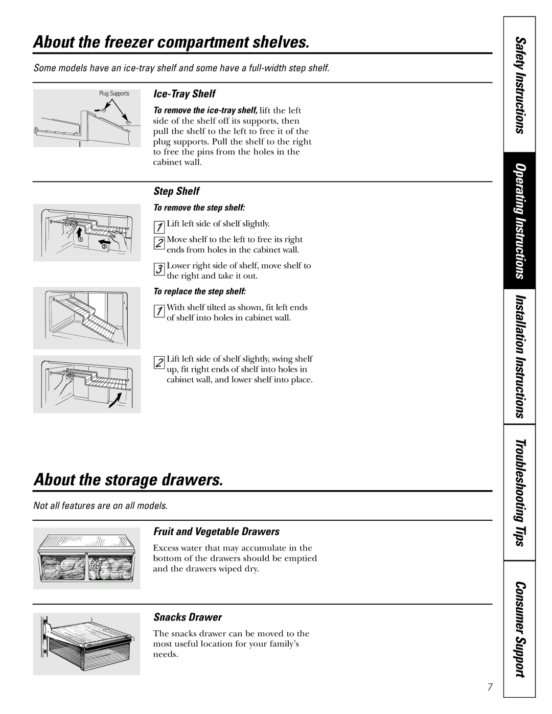 GE 17 operating instructions About the freezer compartment shelves, About the storage drawers 