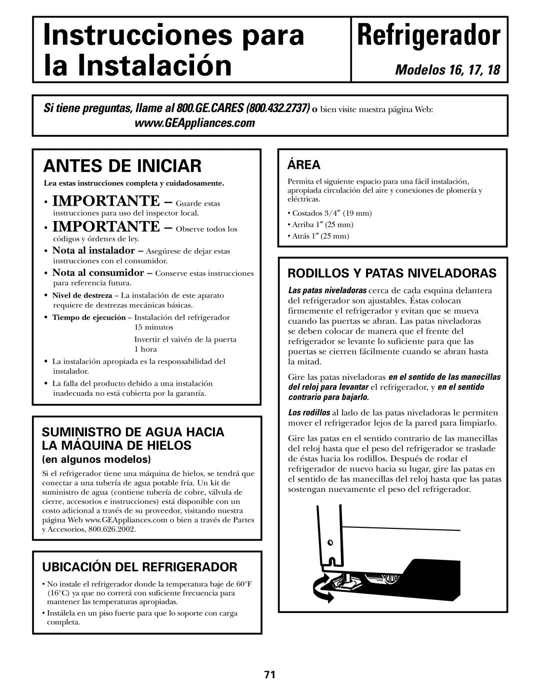 GE 17 Antes DE Iniciar, Suministro DE Agua Hacia LA Máquina DE Hielos, Ubicación DEL Refrigerador, Área 