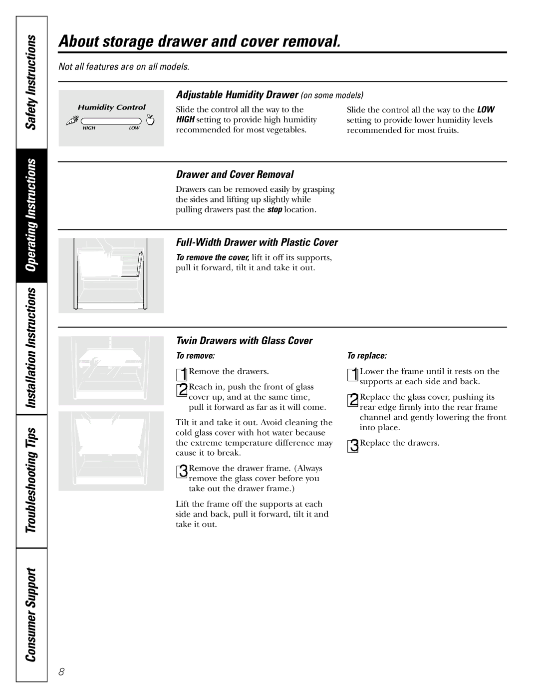 GE 17 About storage drawer and cover removal, Adjustable Humidity Drawer on some models, Drawer and Cover Removal 