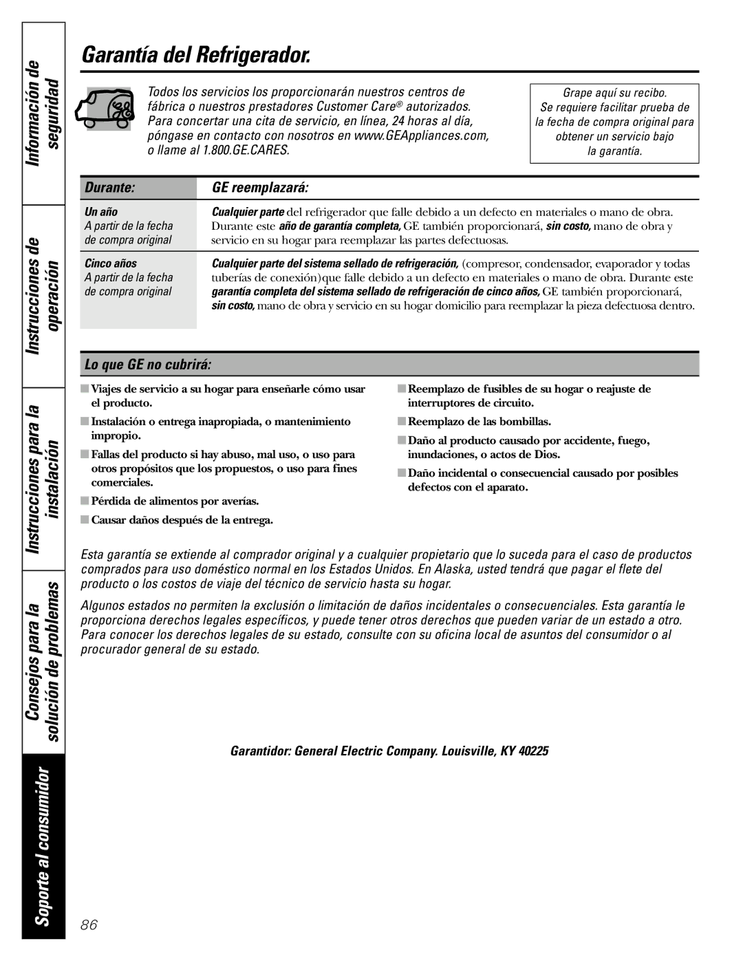 GE 17 Garantía del Refrigerador, Información de Seguridad Instrucciones de Operación, Para la Problemas 