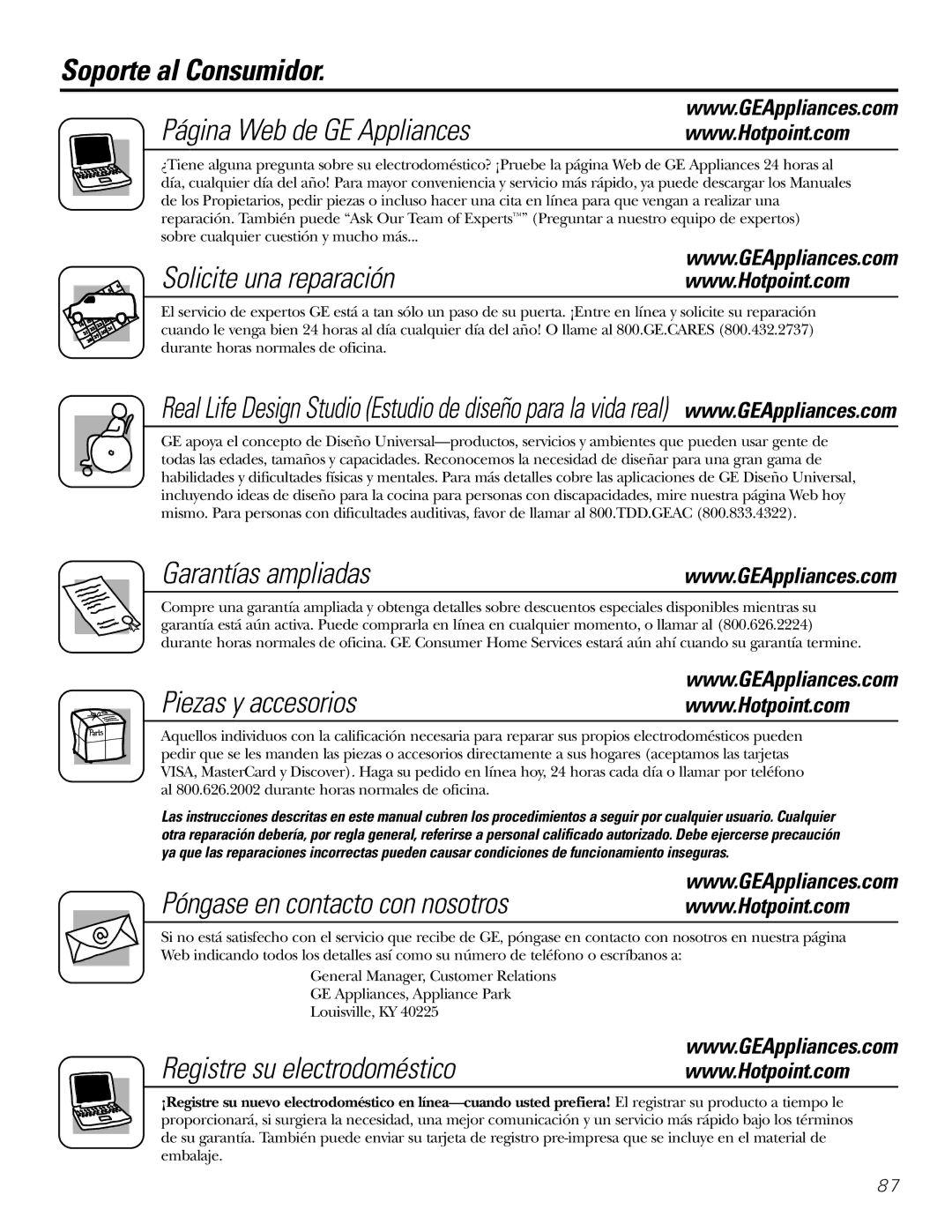 GE 17 operating instructions Soporte al Consumidor, Garantías ampliadas 