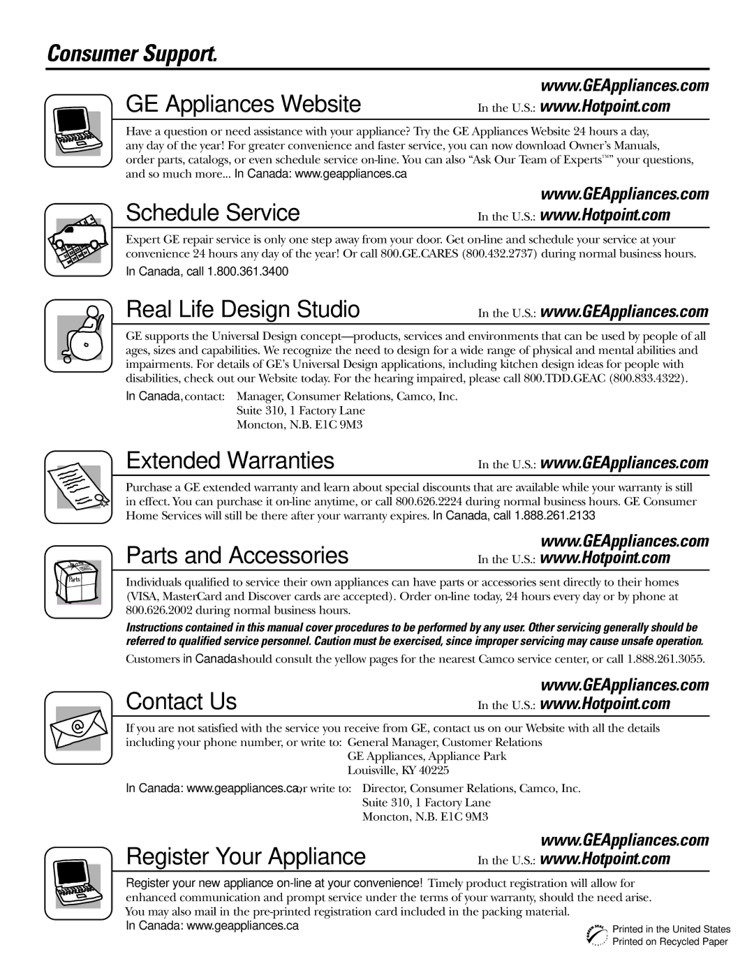 GE 17 operating instructions Consumer Support, GE Appliances Website Schedule Service 