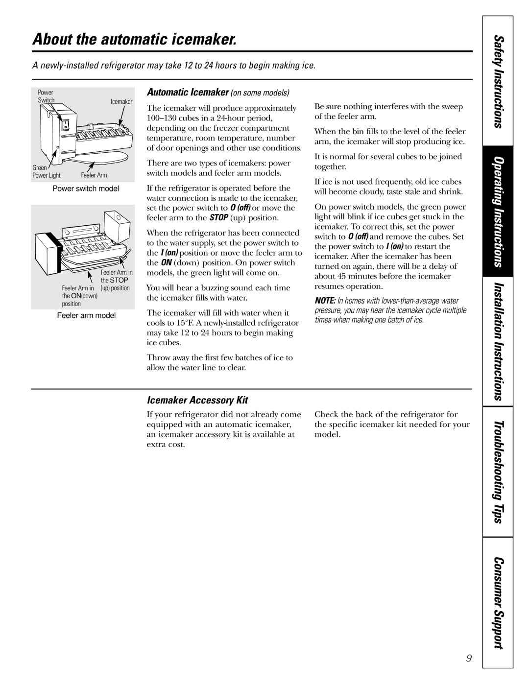 GE 17 About the automatic icemaker, Safety, Troubleshooting Tips Consumer Support, Automatic Icemaker on some models 