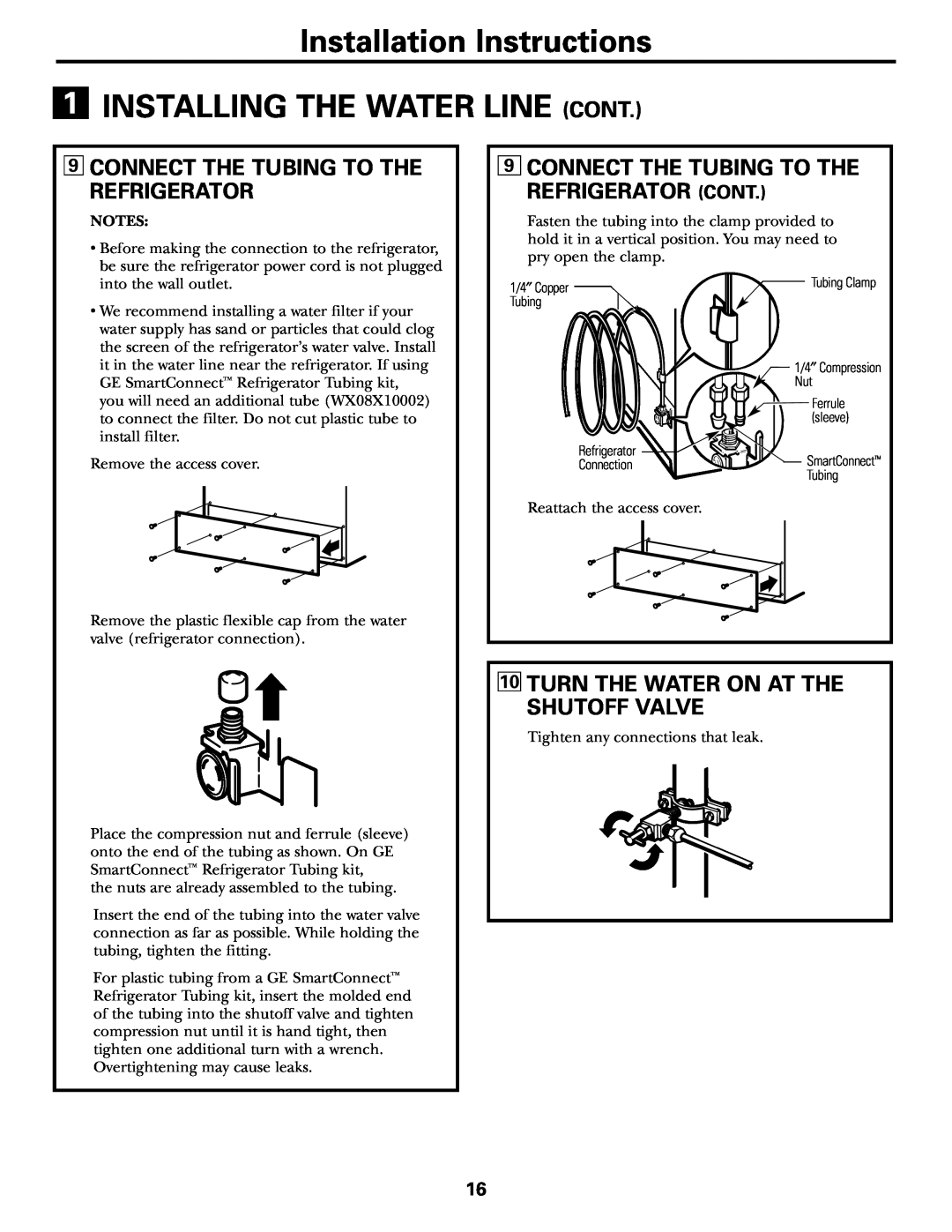 GE 17 Connect The Tubing To The Refrigerator, 9CONNECT THE TUBING TO THE REFRIGERATOR CONT, Installation Instructions 