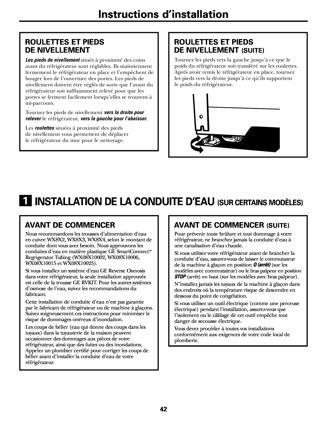 GE 17 operating instructions Instructions d’installation, Roulettes Et Pieds De Nivellement Suite, Avant De Commencer 