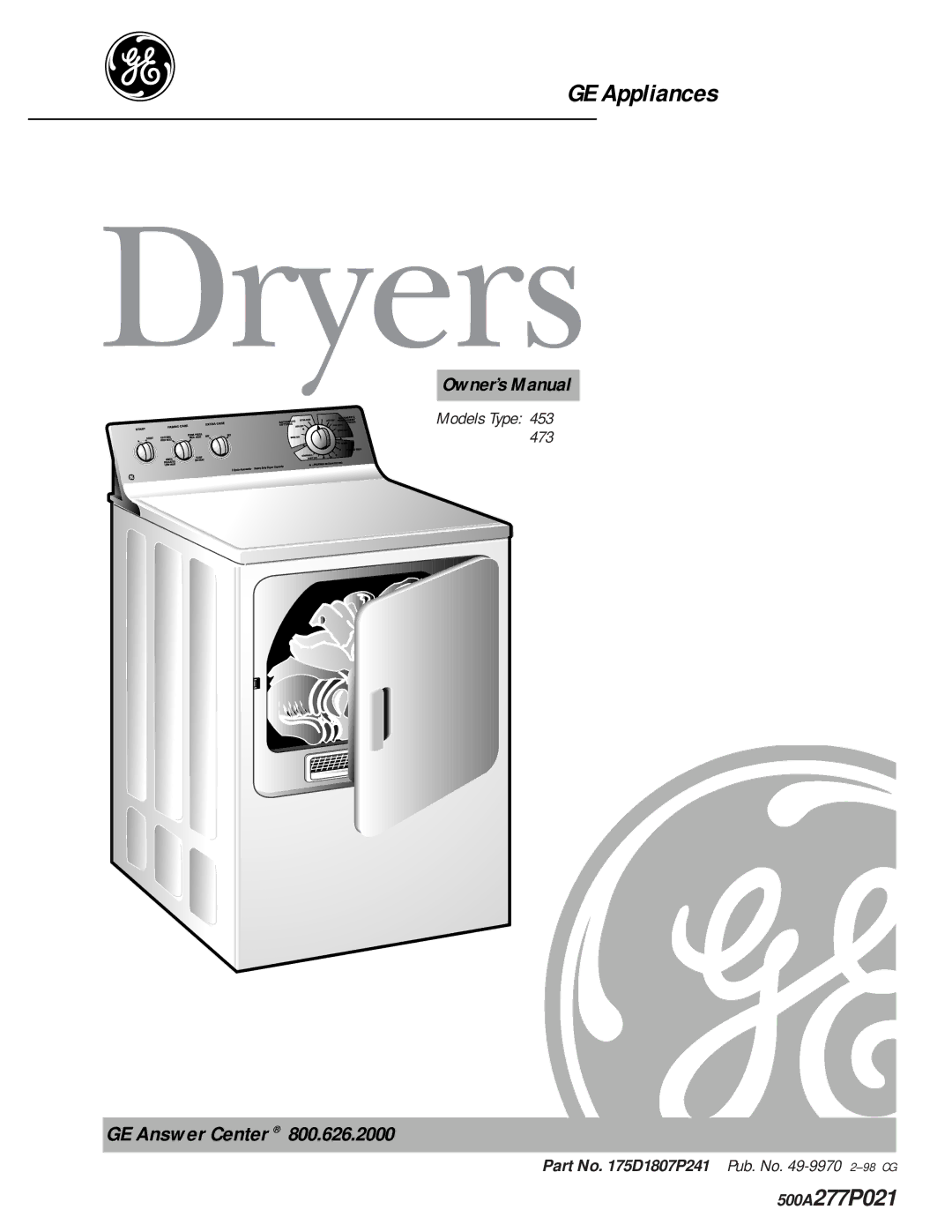 GE 175D1807P241 owner manual Dryers, Part No D1807P241 Pub. No -99702-98 CG 