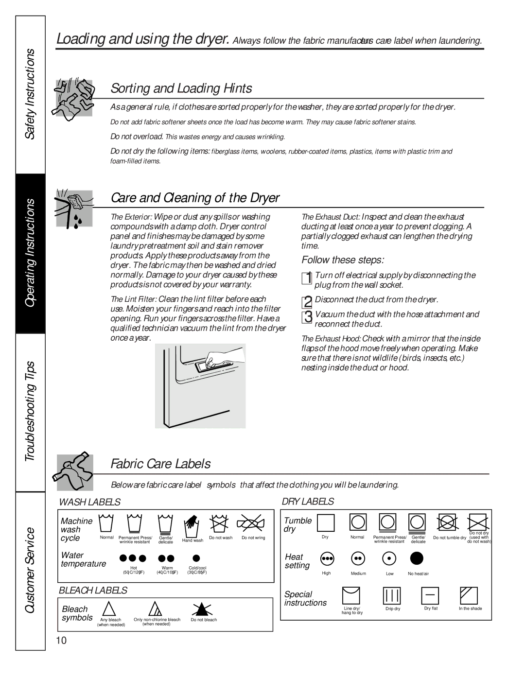 GE 175D1807P241 owner manual Sorting and Loading Hints, Care and Cleaning of the Dryer, Fabric Care Labels 