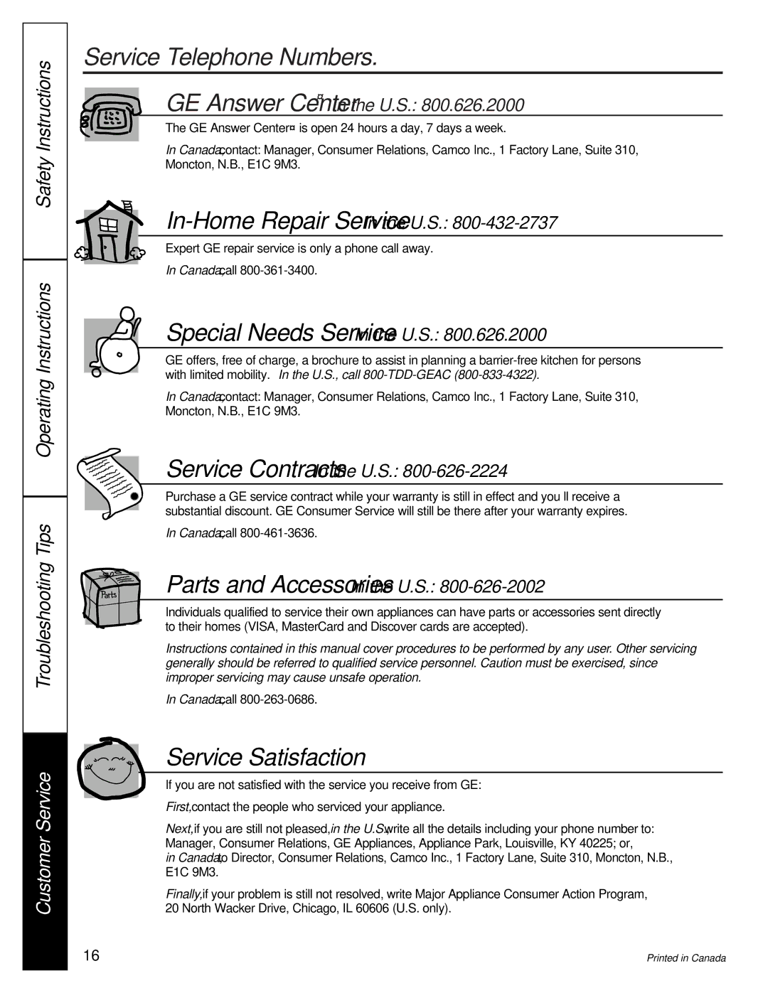 GE 175D1807P241 owner manual Service Telephone Numbers, Service Satisfaction 