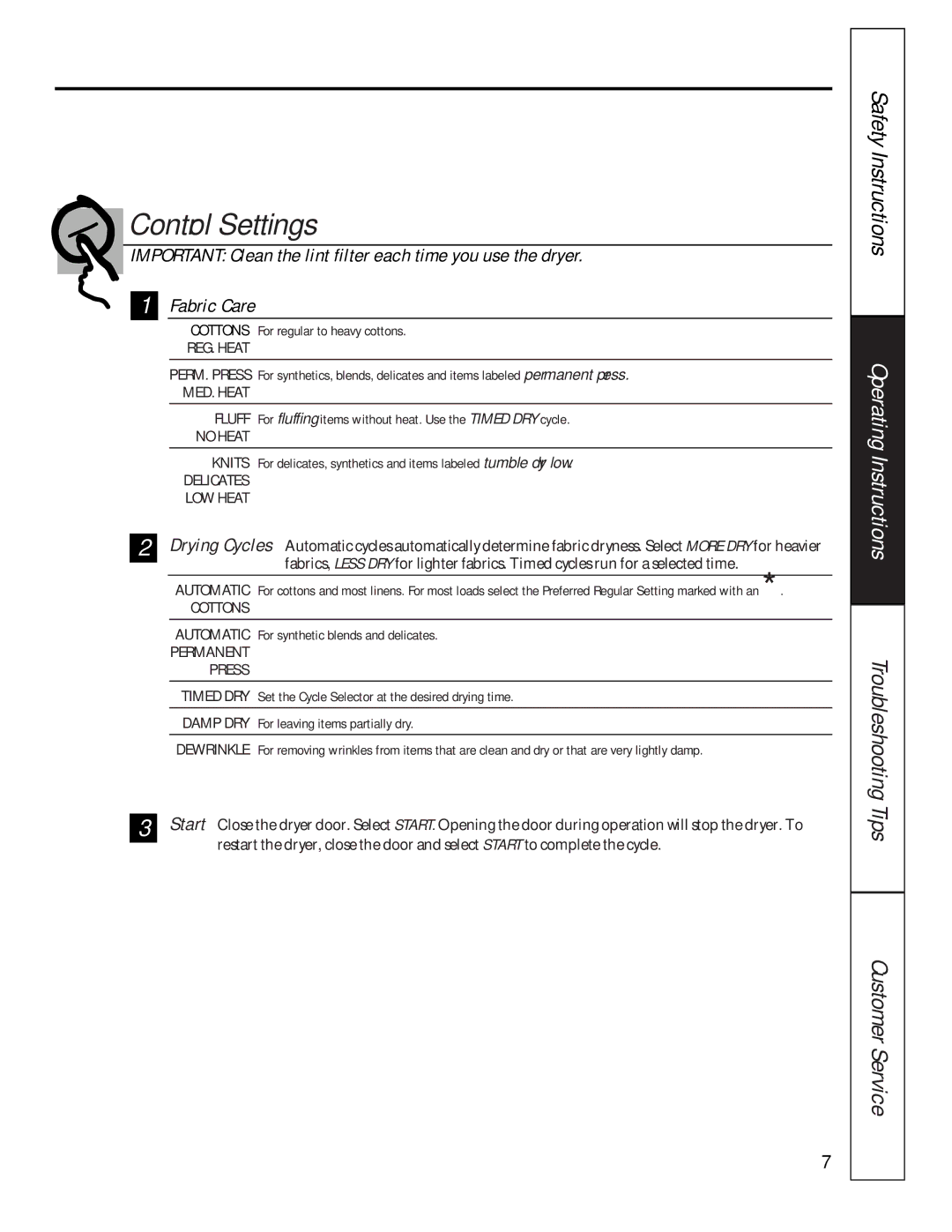 GE 175D1807P241 owner manual Control Settings, Delicates LOW Heat 