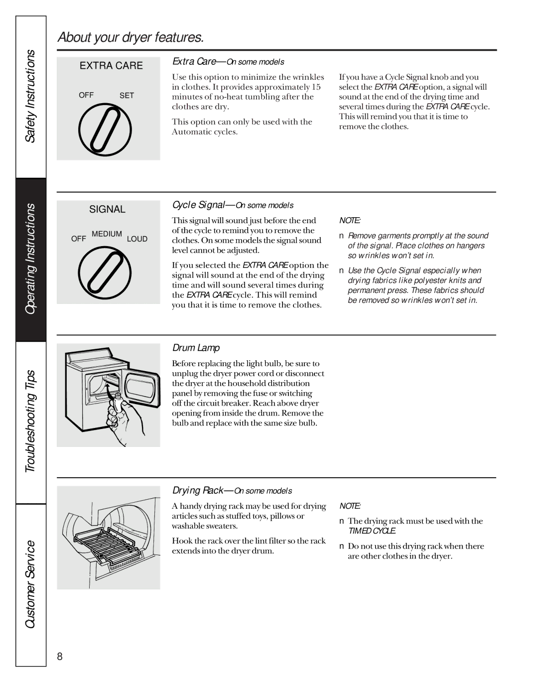 GE 175D1807P241 owner manual Drum Lamp, Extra Care-On some models, Cycle Signal-On some models, Drying Rack-On some models 