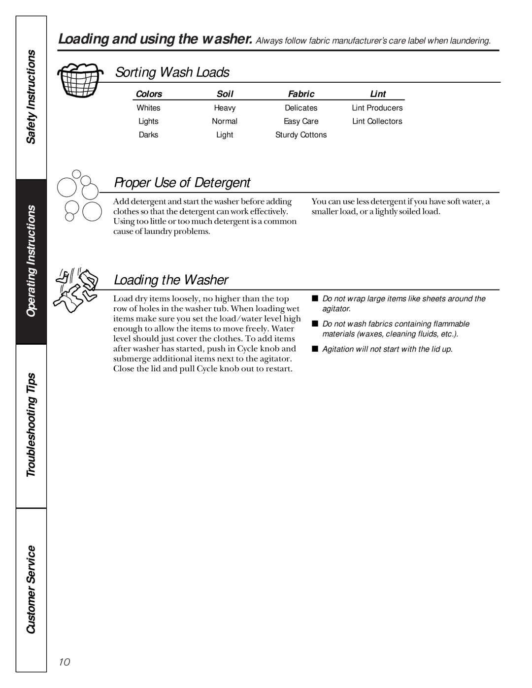 GE 175D1807P270 owner manual Sorting Wash Loads, Proper Use of Detergent, Loading the Washer, Colors, Fabric Lint 