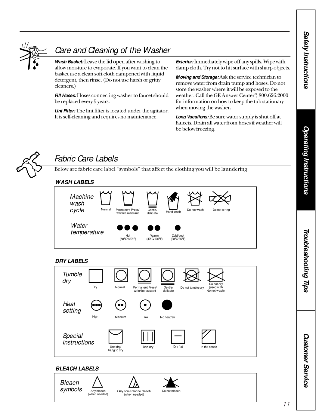 GE 175D1807P270 owner manual Care and Cleaning of the Washer, Fabric Care Labels 