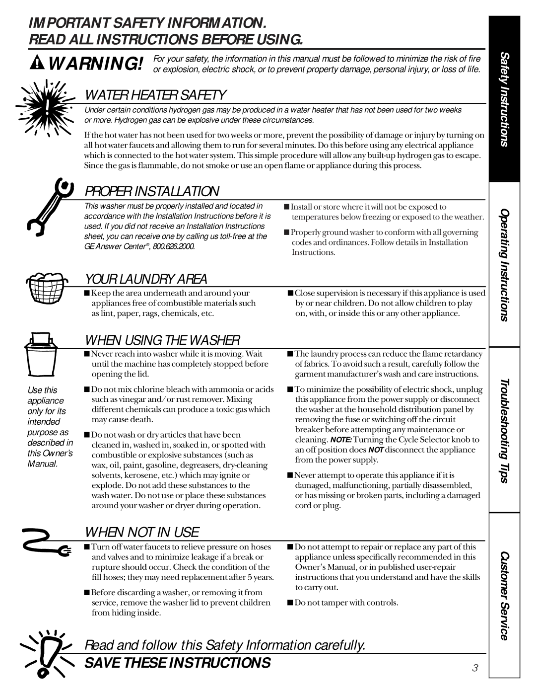 GE 175D1807P270 owner manual Water Heater Safety, Read and follow this Safety Information carefully 