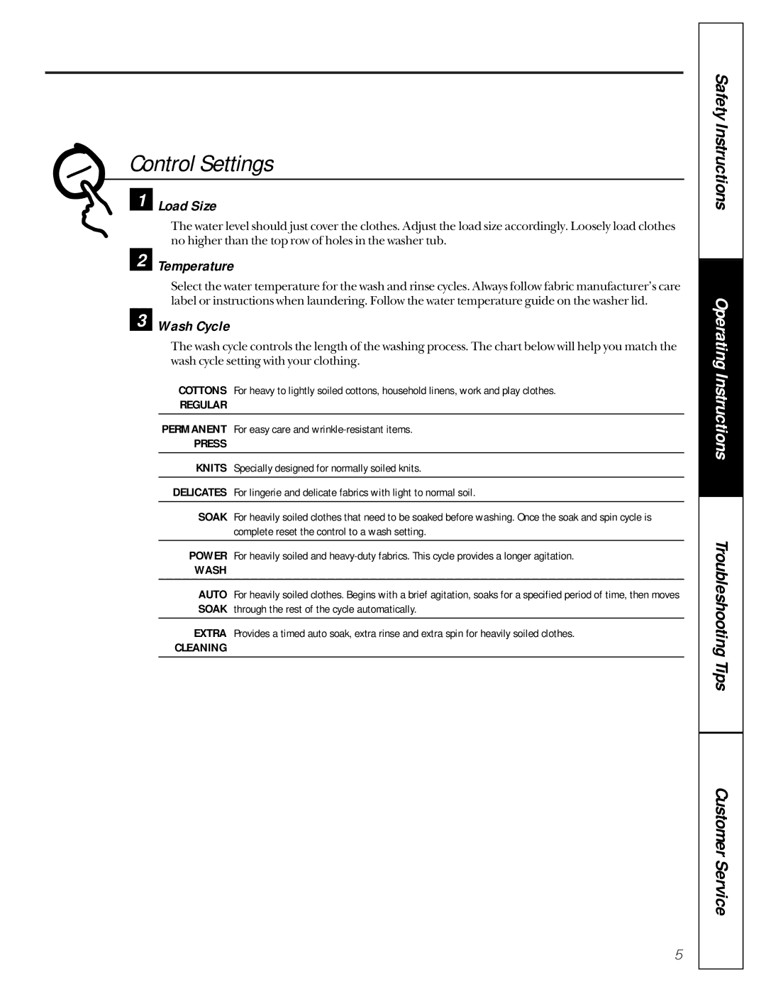 GE 175D1807P270 owner manual Control Settings, Wash 