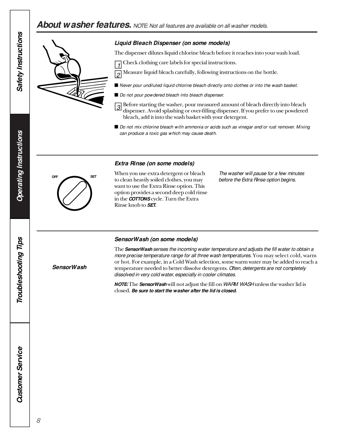 GE 175D1807P270 owner manual Liquid Bleach Dispenser on some models, Extra Rinse on some models, SensorWash on some models 