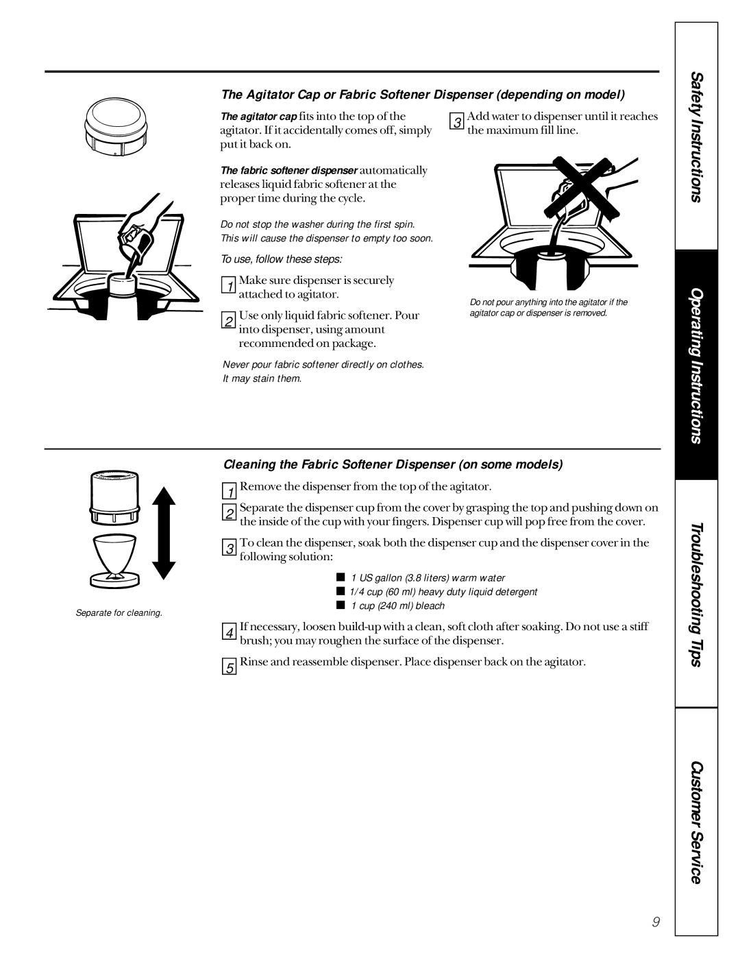 GE 175D1807P270 owner manual Cleaning the Fabric Softener Dispenser on some models, Troubleshooting 