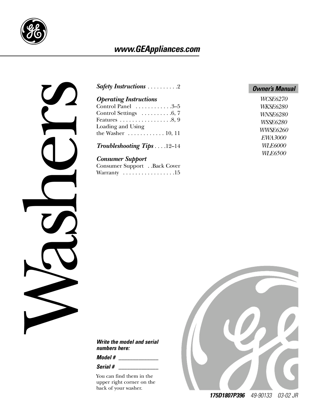 GE 49-90133, 175D1807P396 owner manual Washers 