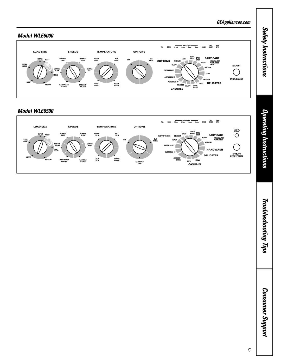 GE 49-90133, 175D1807P396 owner manual Model WLE6000 Model WLE6500, GEAppliances.com 