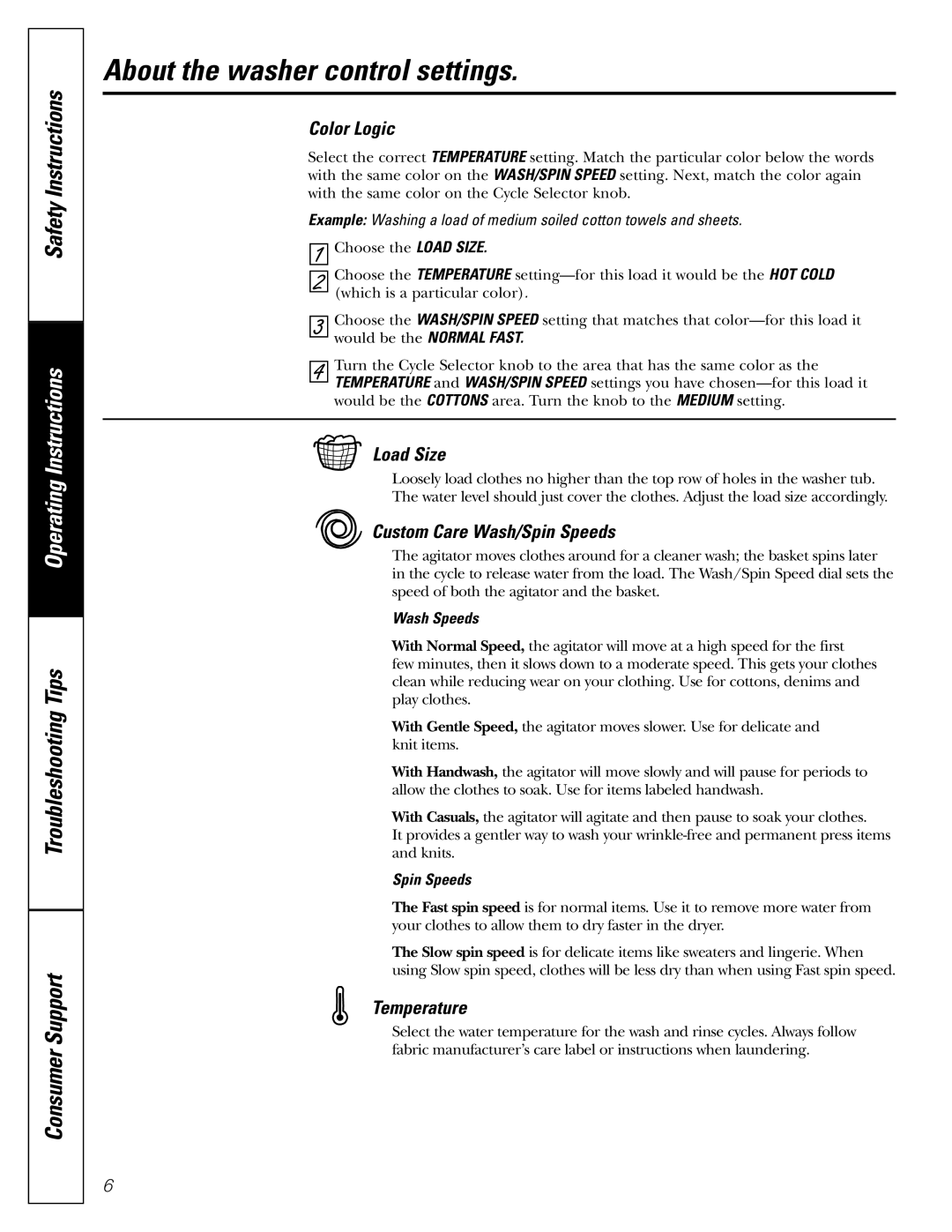 GE 175D1807P396 About the washer control settings, Color Logic, Load Size, Custom Care Wash/Spin Speeds, Temperature 