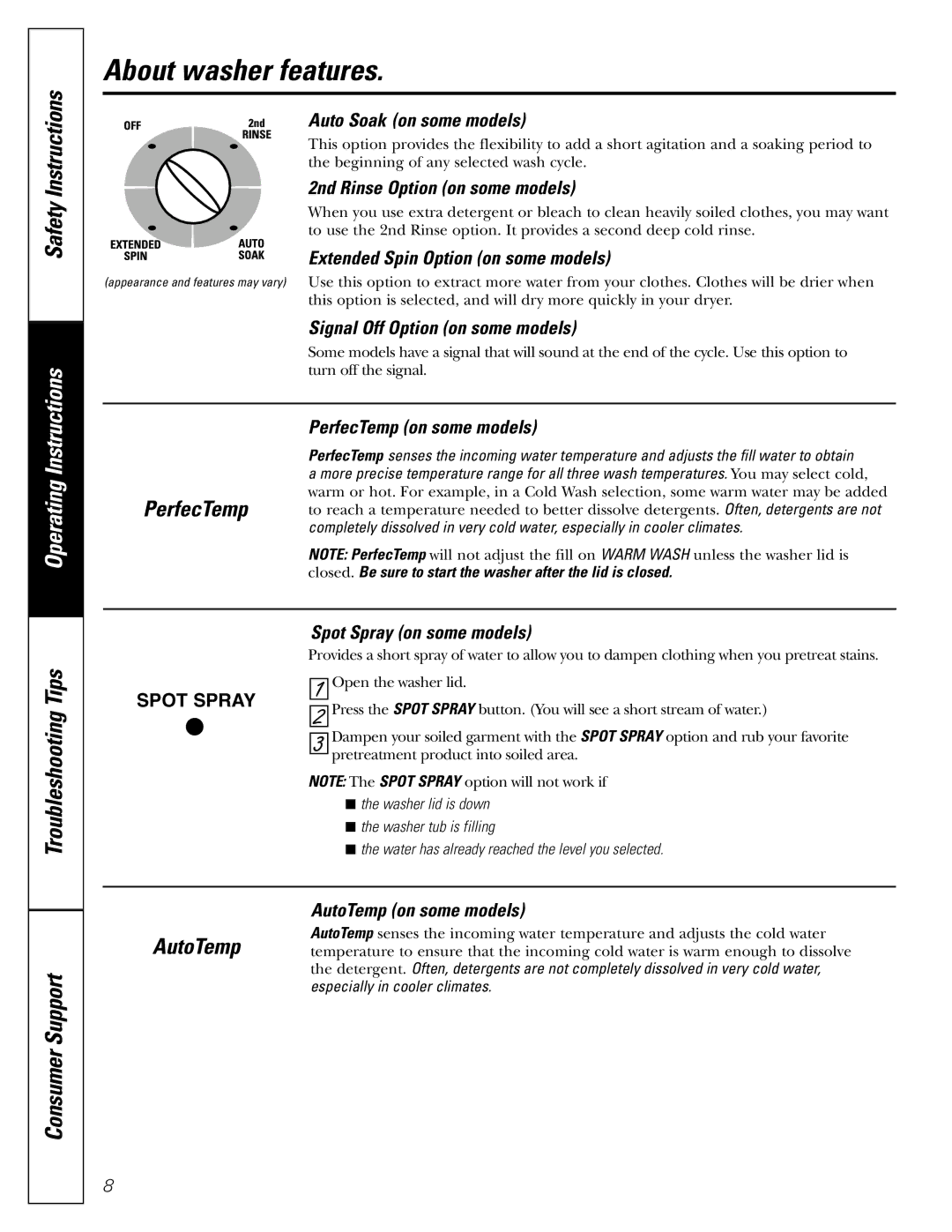 GE 175D1807P396, 49-90133 owner manual About washer features 